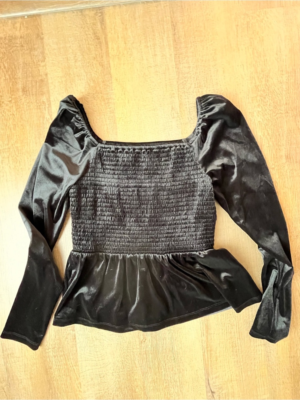Black Smocked Velvet Peplum Long-Sleeve Top NWT Gap